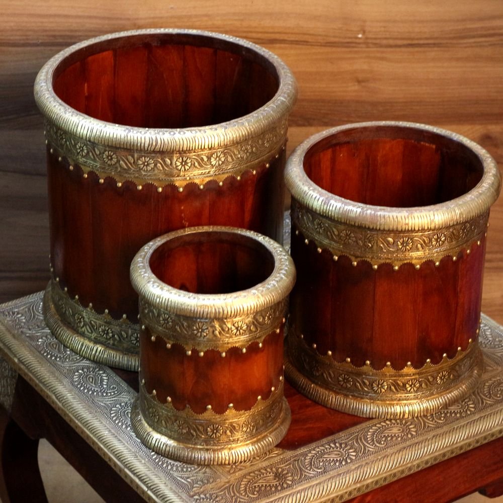 Wooden Round Planter Set Of 3