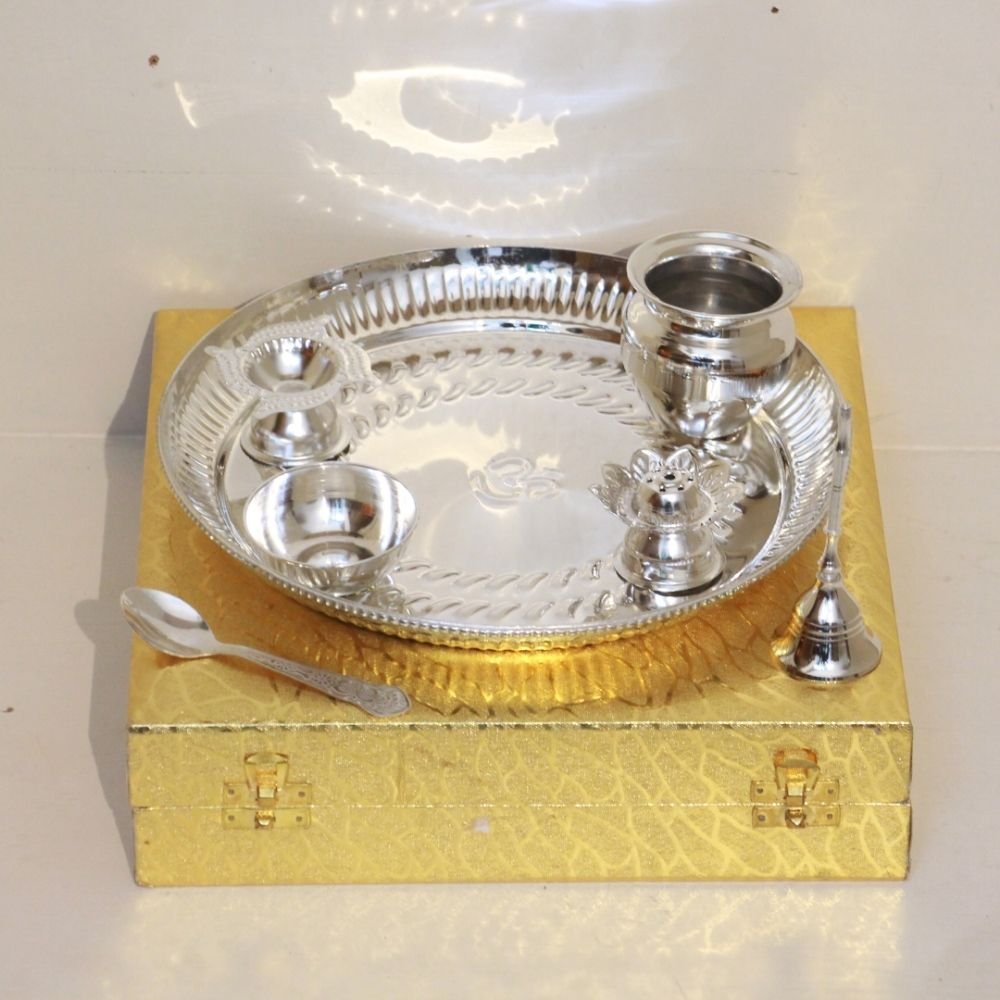 Brass Puja Thali Set Silver