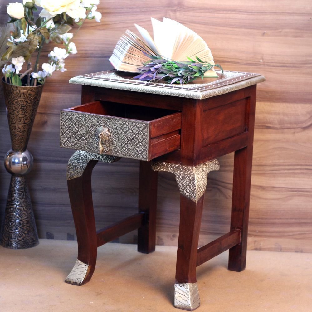 Wooden Bedside Table Brass Ftd