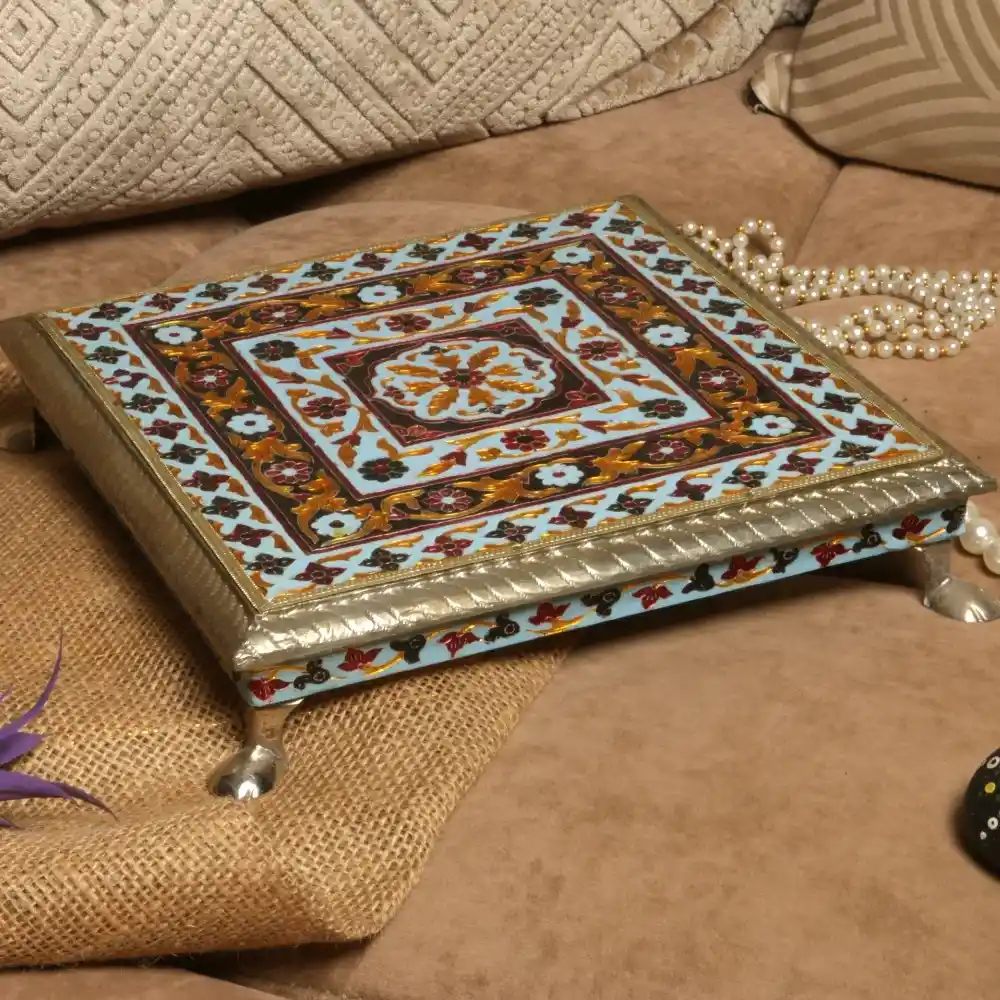 Blue meena chowki with metal legs a
