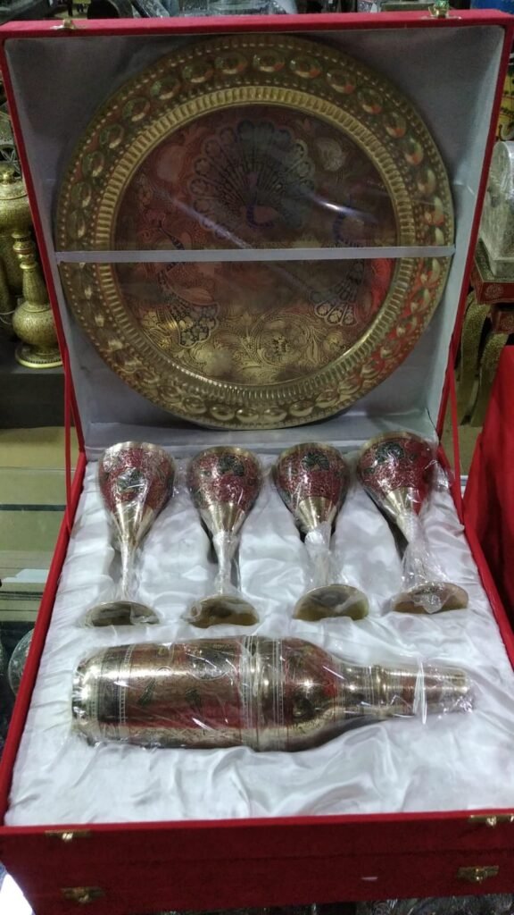 Brass Wine Glass/Bottle Set With Box