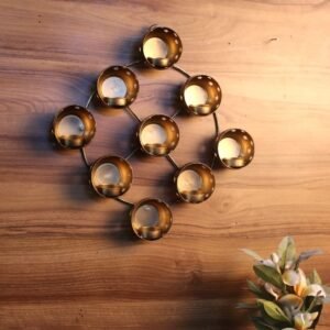 10-Cup Diamond Wall Diya – 11 ′′ Golden Iron Lamp for Festive Lighting