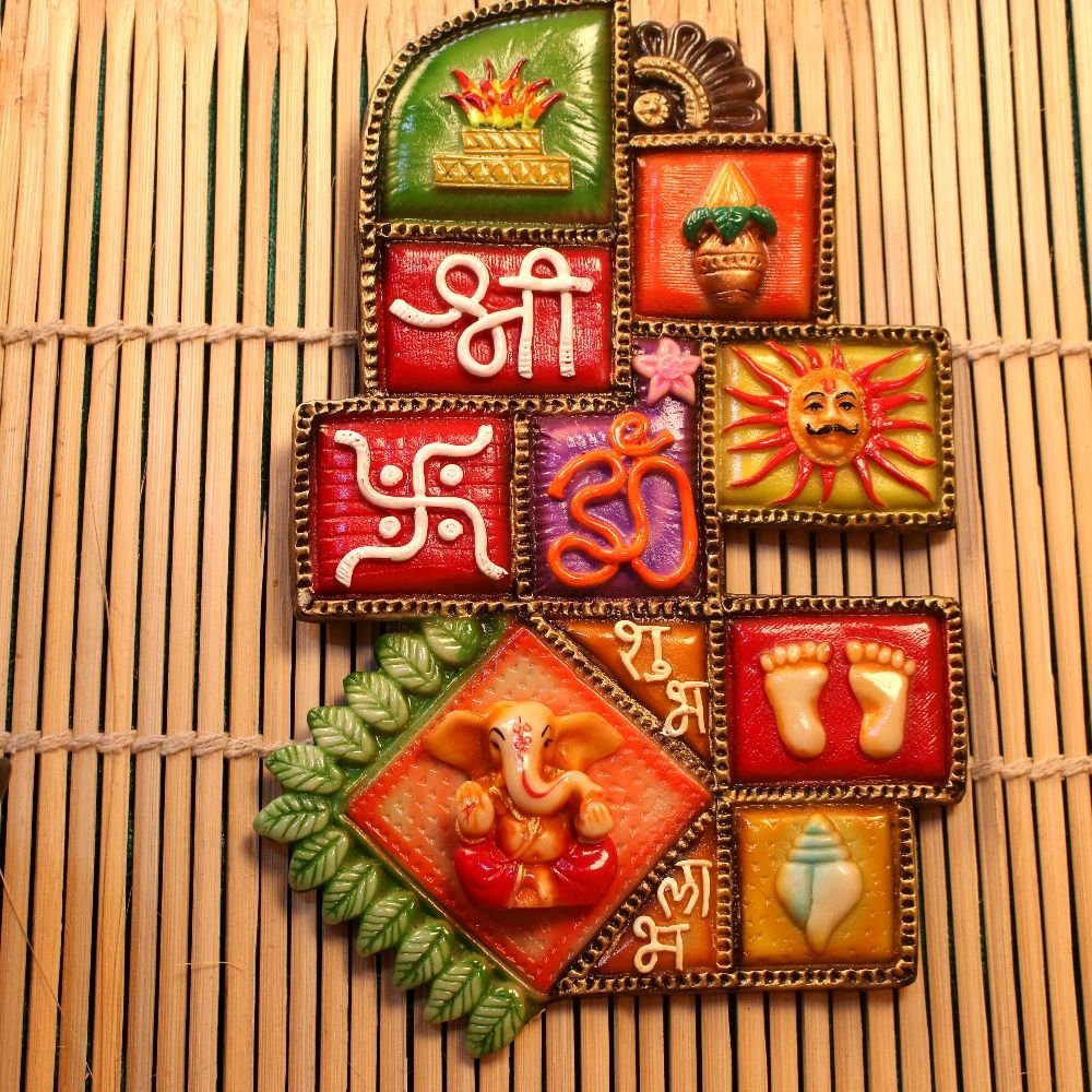 Hand-Painted Wooden Auspicious Symbols Wall Plaque (12 Inch) | Vastu & Diwali Decor - Image 2