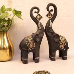 Pair of Black & Gold Resin Elephant Statues 14 in | Wealth & Good Fortune Vastu Decor