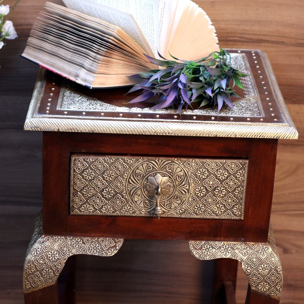 Wooden Bedside Table Brass - Image 3