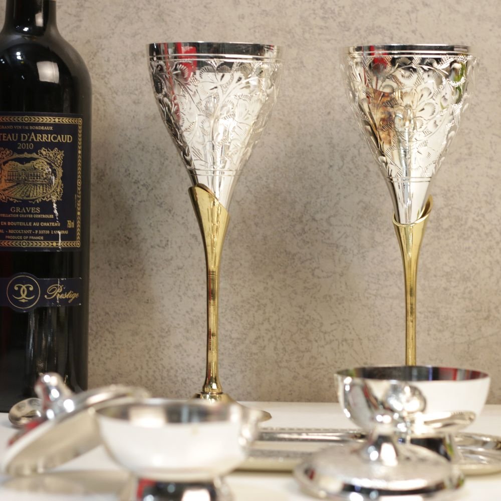 Luxury Brass Goblet and Serving Set (9 Pcs) | Silver & Gold Toned Wedding Gift - Image 3