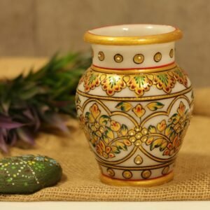 Hand-Painted White Marble Flower Vase | Kundan and Gold Leaf Work