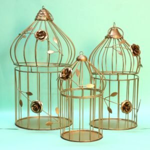 Set of 3 Golden Birdcage Lanterns – 15  ′′   Iron Decor for Festive and Wedding Events