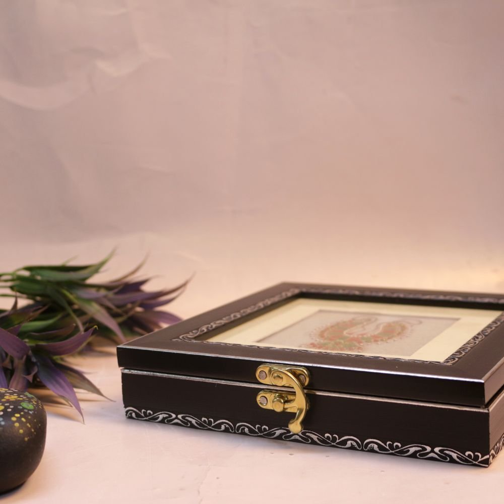 Square Wooden Jewelry Box with Marble Inlay | Traditional Trinket Storage - Image 3