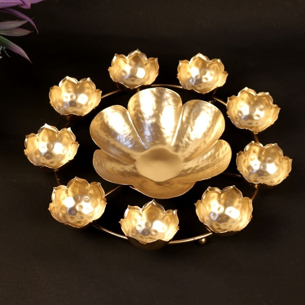 Golden Decorative Urli Bowl with Hammered Diyas – Traditional Festive Home Décor - Image 3