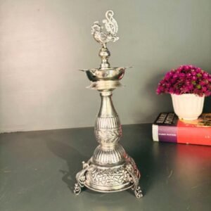 Silver Polished Brass Diya Lamp – 12-Inch Peacock Finial Traditional Decor
