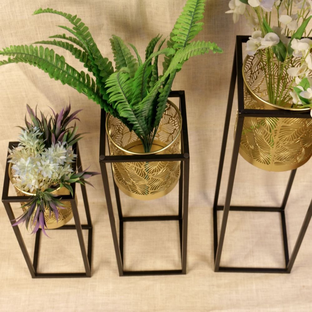 Set of 3 Tiered Metal Planter Stands - Modern Black and Gold Geometric Decor - Image 3