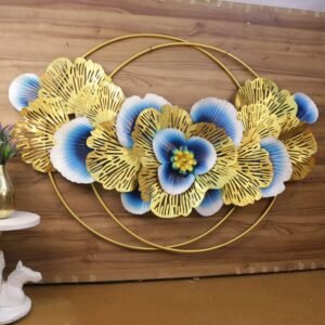 Extra-Large Golden and Blue Floral Iron Wall Art | 3D Statement Decor