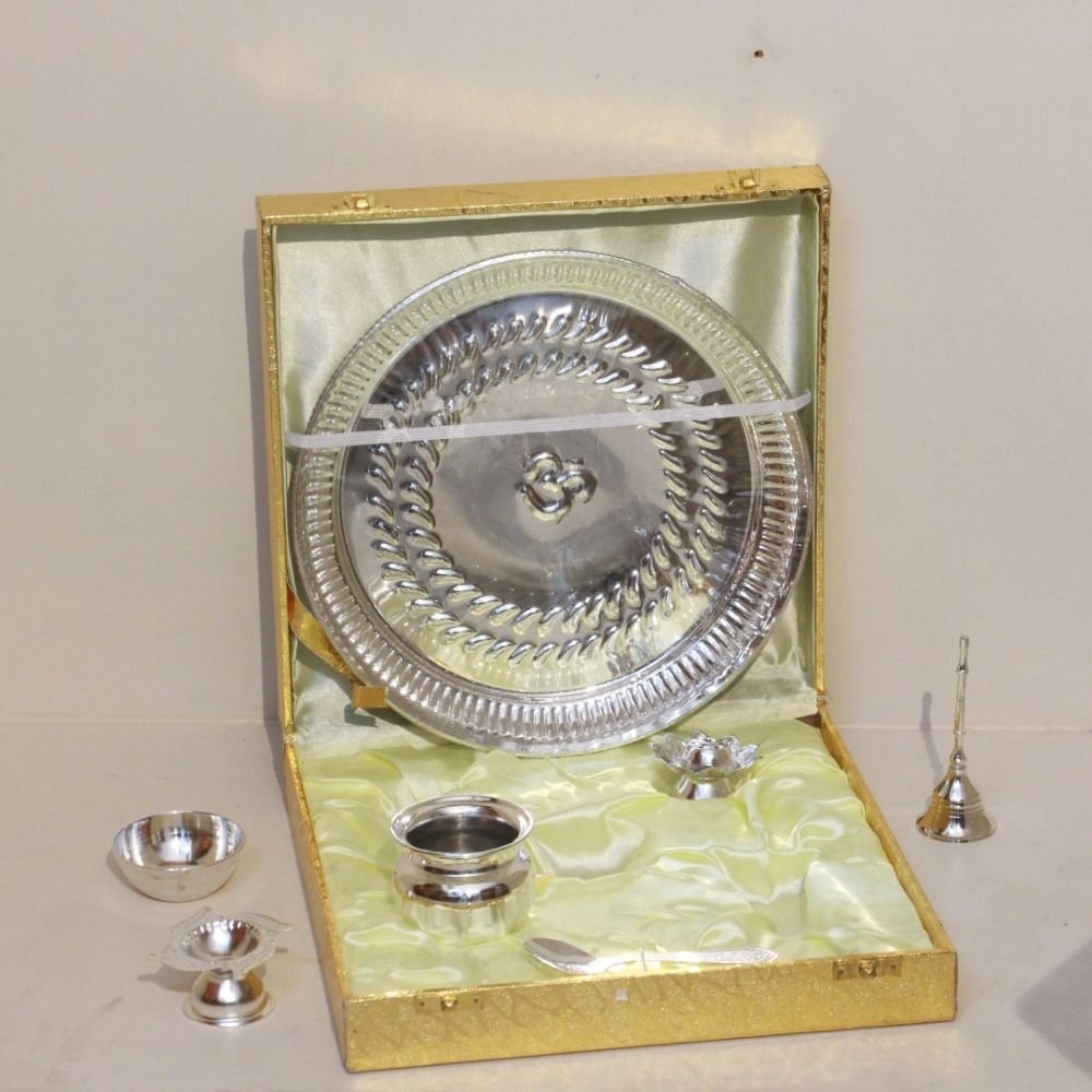 Silver-Plated Brass Pooja Thali Set (Complete 6-Piece) | Essential Puja Accessories & Diwali Gift - Image 2