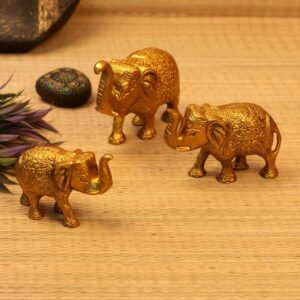 Set of 3 Golden Elephant Statues – 5 ′′ Metal Figurines for Good Luck Decor