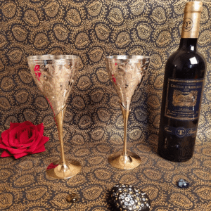 Brass Wine Glasses with Silver-Plated Floral Design