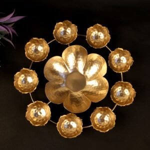 Golden Decorative Urli Bowl with Hammered Diyas – Traditional Festive Home Décor