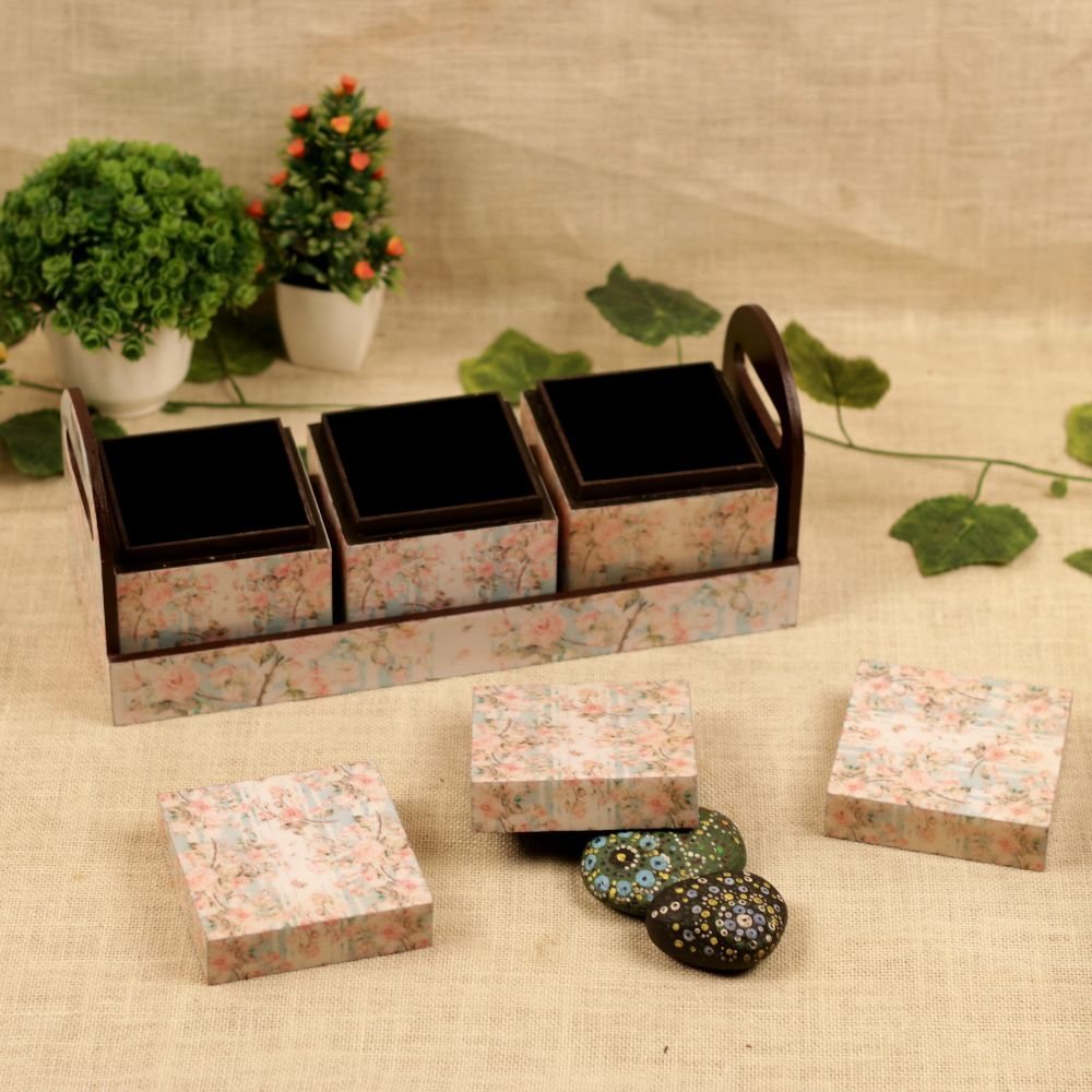Wooden Floral Storage Box Set - 14 ′′ Decorative Tray with 3 Lidded Containers - Image 2