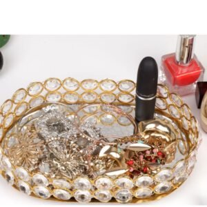 Glamorous Crystal Vanity Mirror Tray – Oval Gold Accent for Dressers