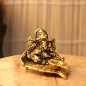 Brass Finish Ganesh Diya Idol on Leaf Base | Auspicious Puja Accessory & Diwali Gift