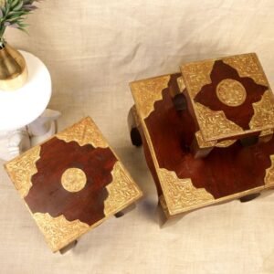 Set of 3 Handcrafted Wooden Nesting Chowki Stools | Royal Home Decor & Puja Accent