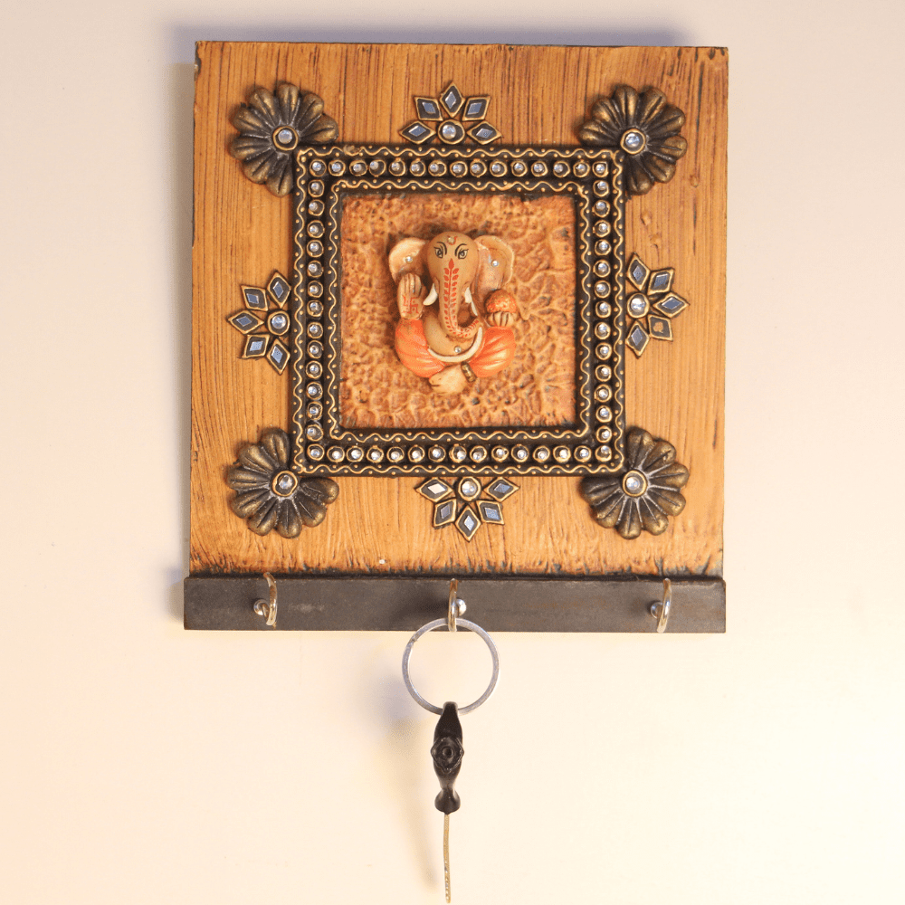 Wooden Ganesha Key Holder with Mirror Work - Image 2