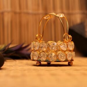 Crystal Basket Tea Light Holder – 2.5 ′′ Gold Festive Accent for Diwali Decor