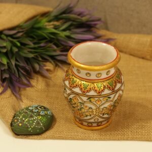 Hand-Painted White Marble Flower Vase | Kundan and Gold Leaf Work