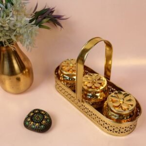Golden Metal Canister Set with Basket – 12.5 ′′ Iron Serving Caddy for Festive Gifting