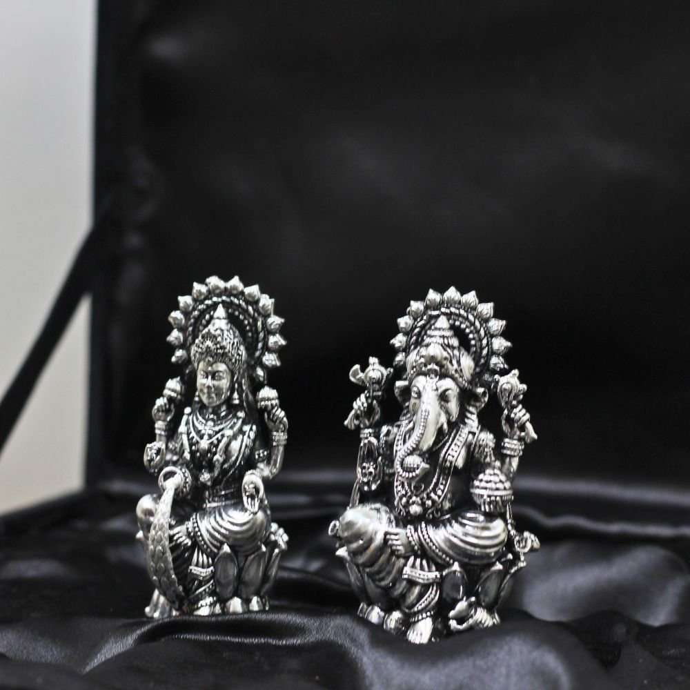 Auspicious Lakshmi Ganesh Idol Set (German Silver Finish) | Diwali Puja God Idols & Religious Gift - Image 2