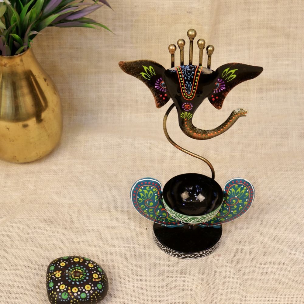 Hand-Painted Ganesha Candle Stand - 11 ′′ Iron God Idol for Diwali Festive Decor - Image 2