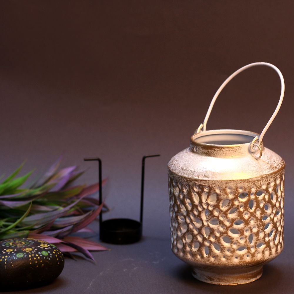 Distressed White Metal Tea Light Lantern - 5-Inch Rustic Table Decor