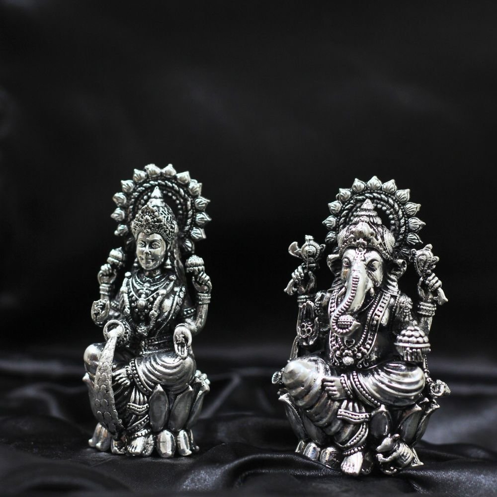 Auspicious Lakshmi Ganesh Idol Set (German Silver Finish) | Diwali Puja God Idols & Religious Gift - Image 3