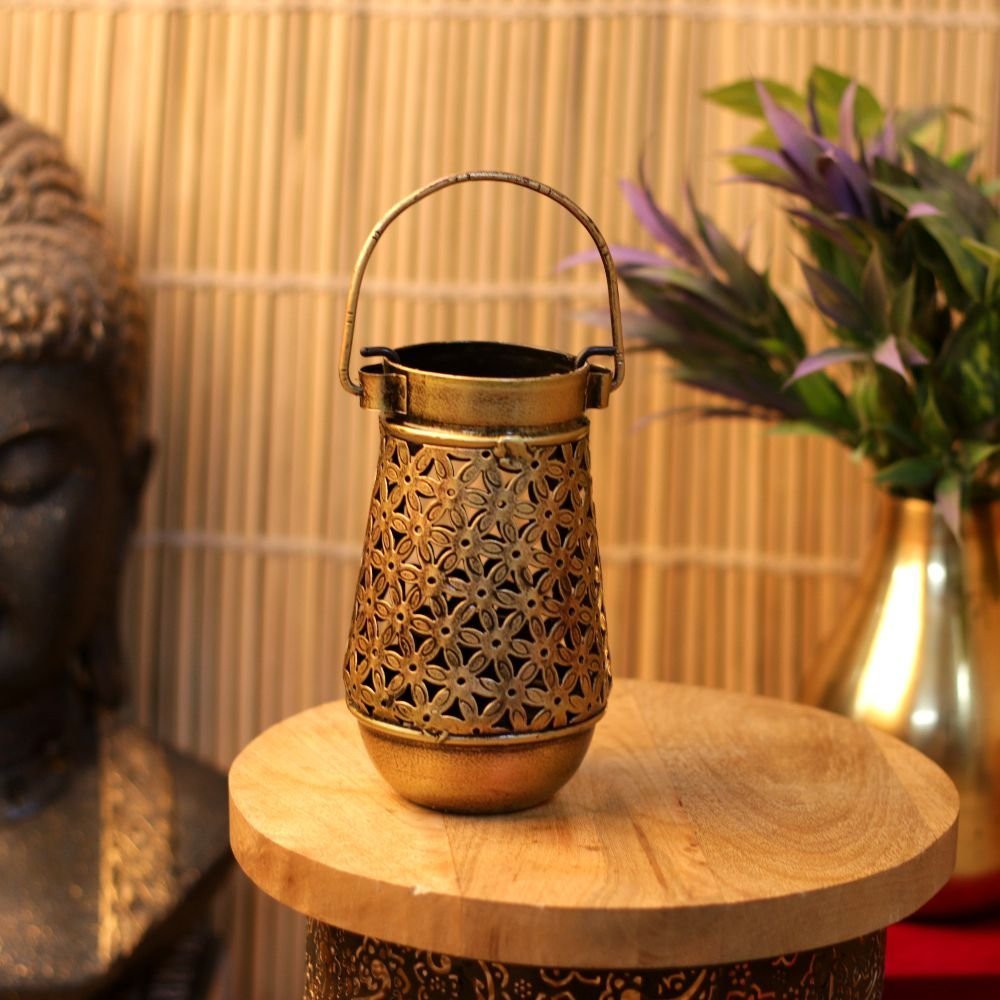 Golden Floral Jali Tea Light Lantern - 6 ′′ Iron Lamp for Diwali and Festive Decor - Image 2