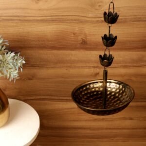 Hanging Golden Urli Bowl with Long Lotus Chain – Handcrafted Iron Décor for Home & Festivals