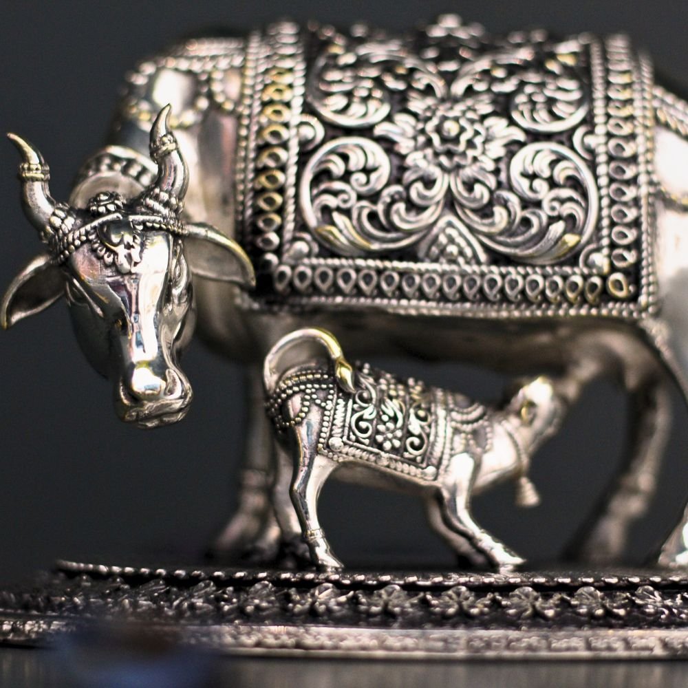 Elegant Silver-Tone Kamadhenu Cow and Calf Idol | Divine God Idols for Home Temple & Prosperity Gift - Image 3