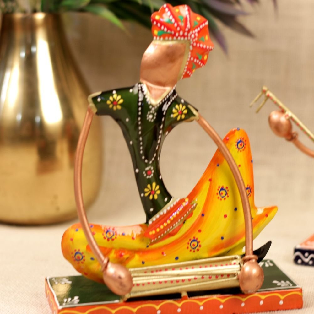 Set of 3 Sitting Metal Musician Figurines | Hand-Painted Indian Folk Art Decor - Image 2