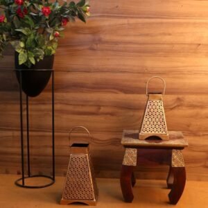 Set of 2 Golden Pyramid Iron Tea Light Lanterns – 10.5  ′′   Geometric Votive Holders