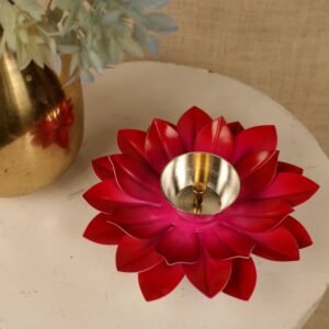 Vibrant Red Lotus Diya Holder – Metal Lamp with Silver Plated Center for Diwali Decor