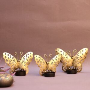Butterfly Tea Light Holder Set – 4 ′′ Golden Iron Festive Decor (Set of 3)
