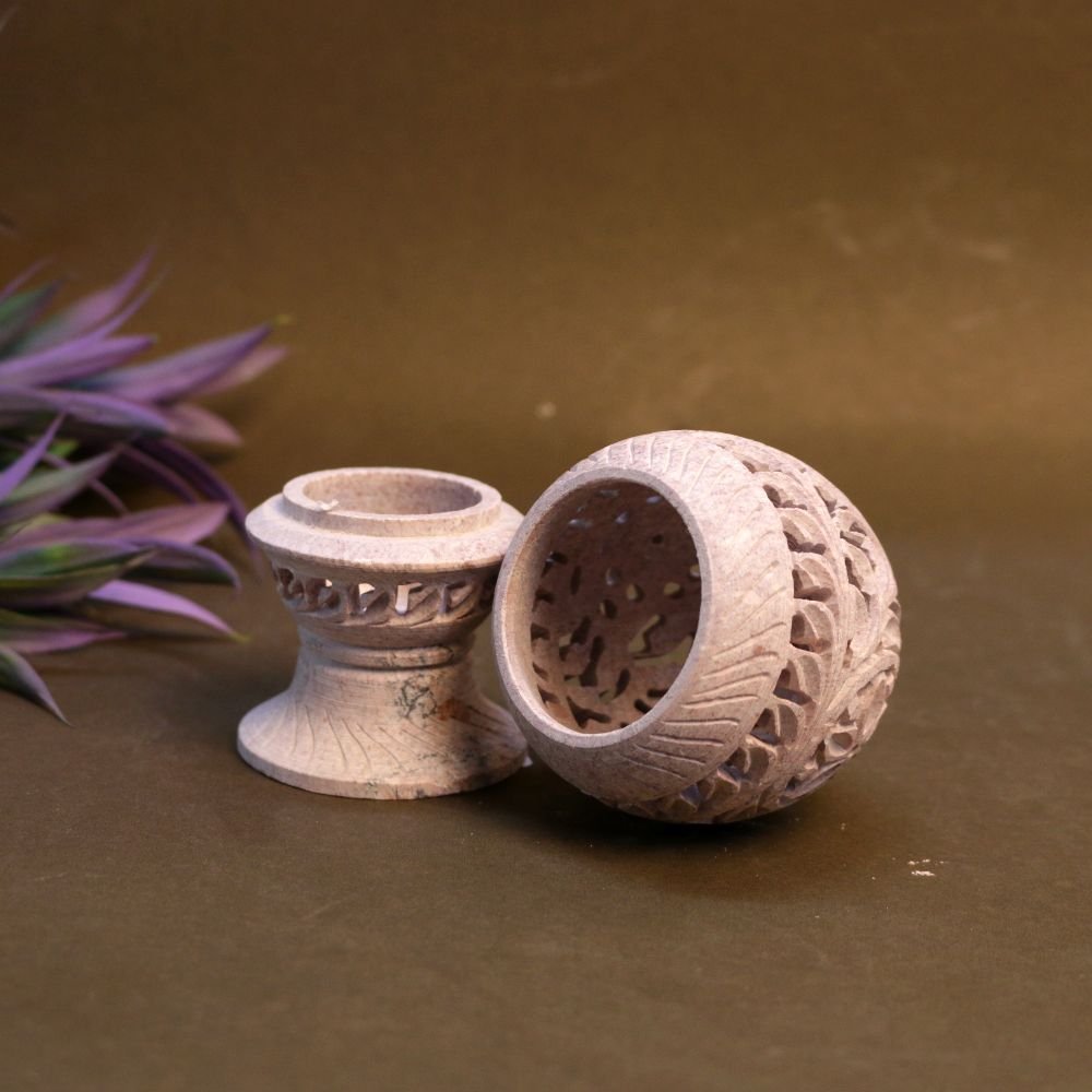 Hand-Carved Marble Jali Sphere on Pedestal | Pink Stone Decorative Globe | Marble Decor | Diwali Decor - Image 2