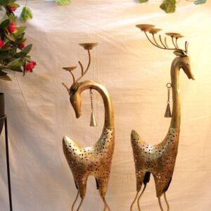 Tall Golden Deer Floor Lantern Set – 37.5 ′′ Iron Festive Candle Decor