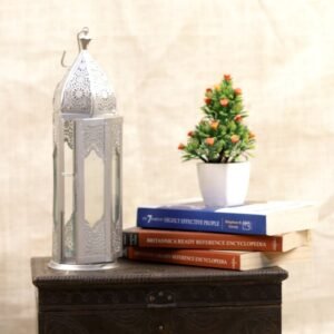 Silver Metal Glass Lantern – 12 ′′ Tall Festive Lamp for Elegant Decor