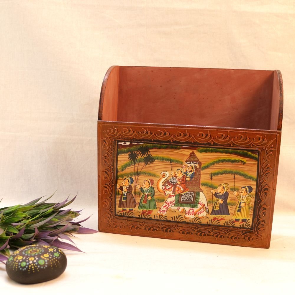 Handcrafted Wooden Magazine Holder with Intricate Design