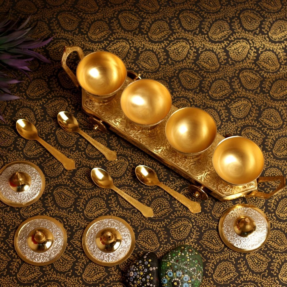 Brass Tea Caddy with Four Bowls and Spoons - Image 4