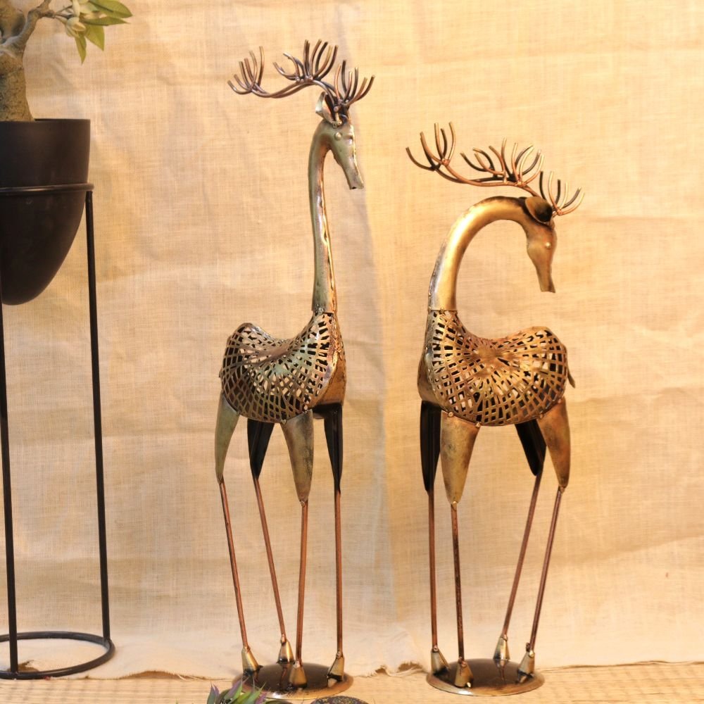 Luxury Set of 2 Golden Metal Deer Sculptures | 31-Inch Christmas Floor Decor - Image 3