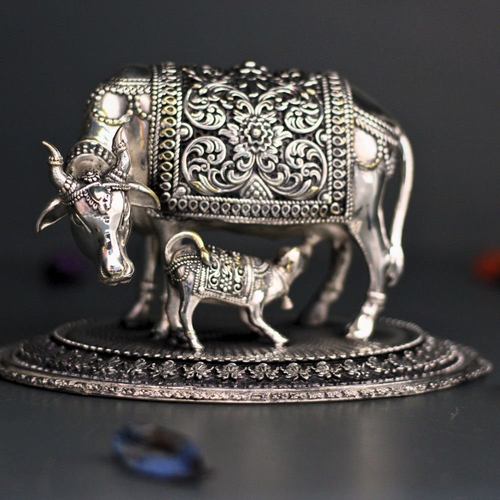 Elegant Silver-Tone Kamadhenu Cow and Calf Idol | Divine God Idols for Home Temple & Prosperity Gift - Image 2