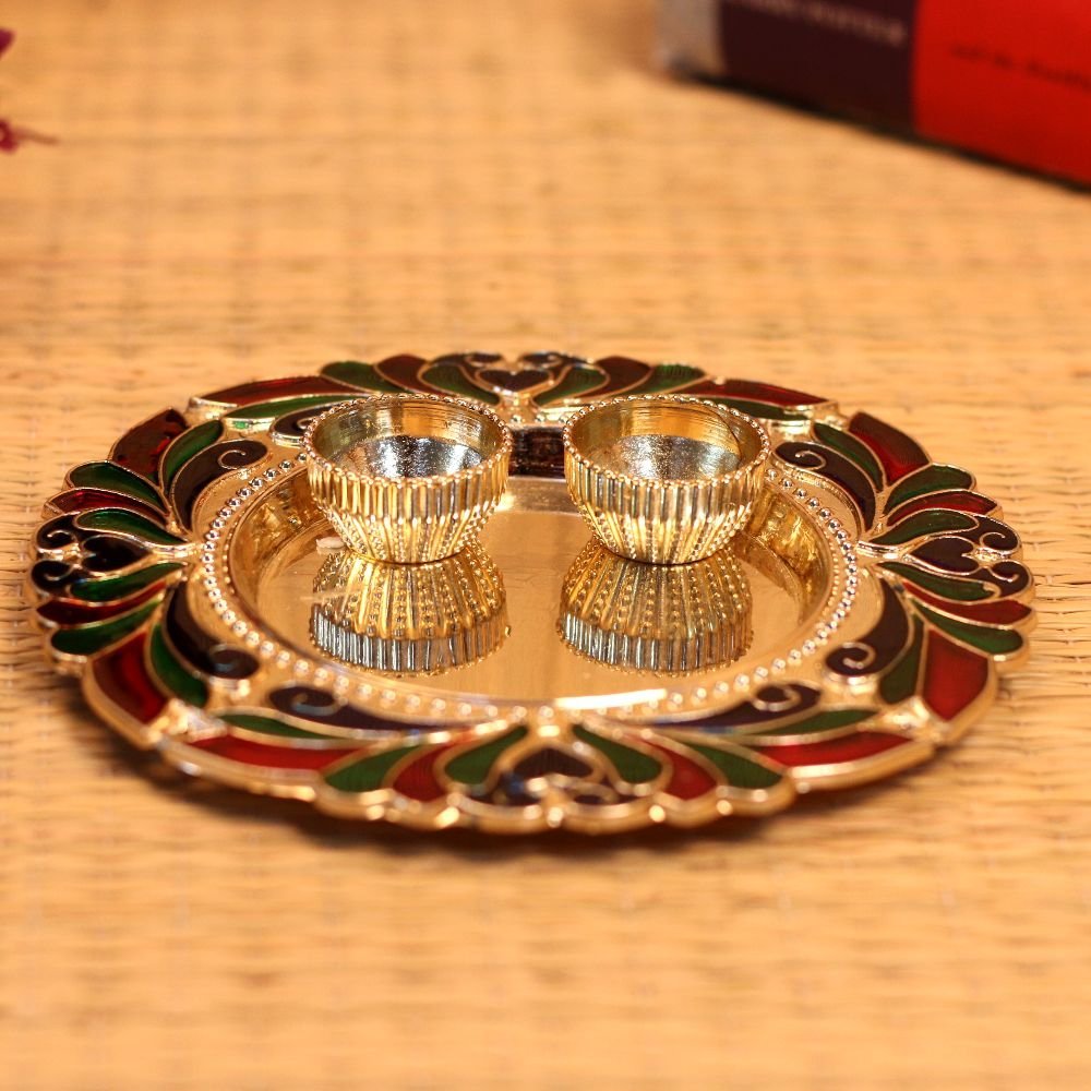 Silver Meenakari Puja Thali - 6 ′′ Decorative Plate for Diwali Festive Decor - Image 2