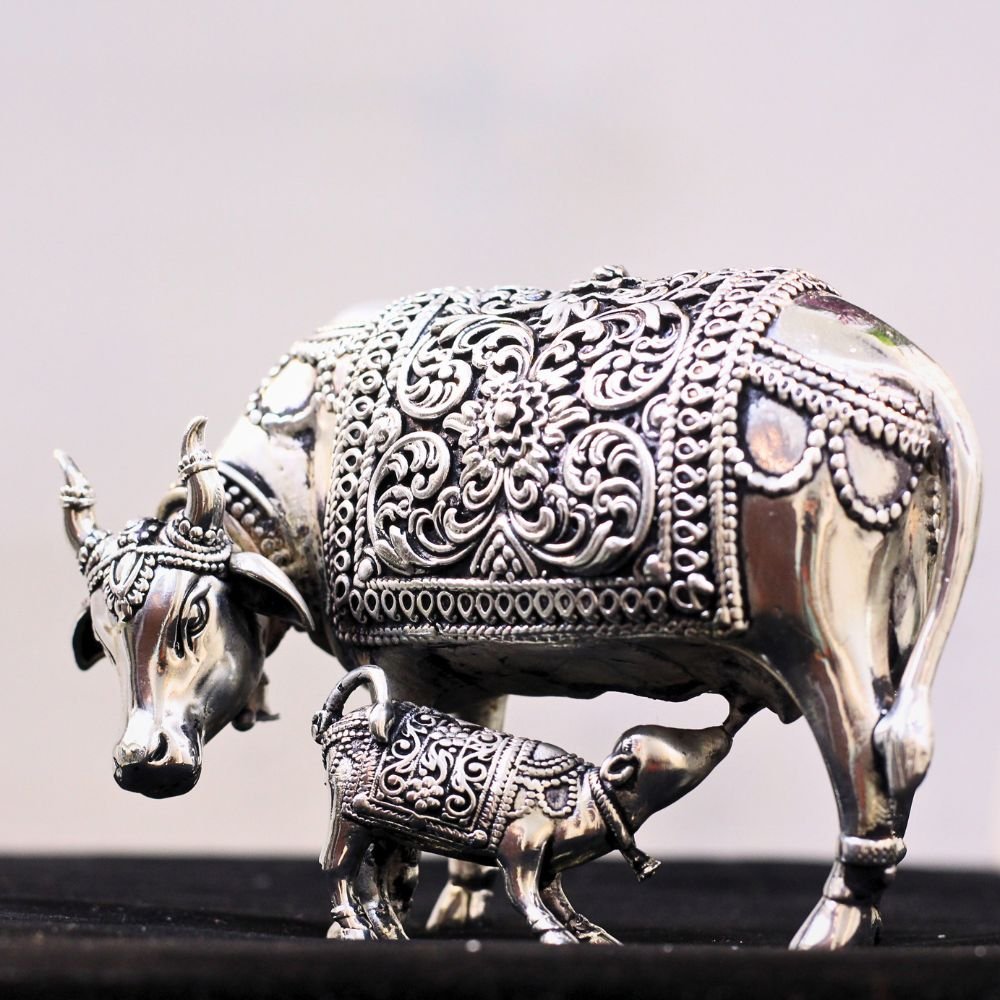 Brass Kamadhenu Cow and Calf Idol | Divine God Idols for Home Temple & Diwali Gift