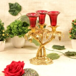 Golden Palm Tree Candelabra – 3-Light Metal & Red Glass Festive Decor